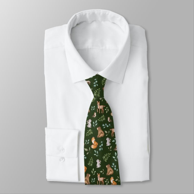 Moody Green Woodland Forest Animals Greenery Tie (Tied)