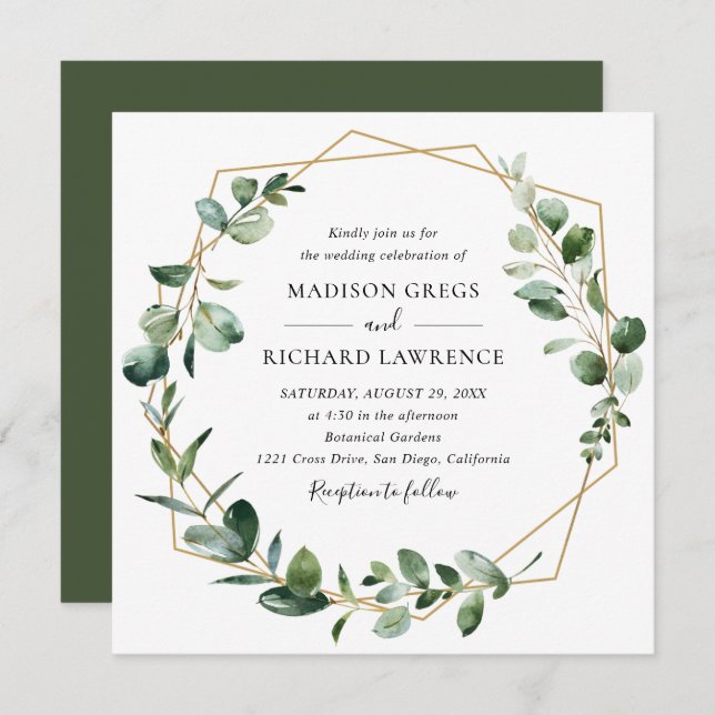 Moody Greenery with Gold Geometric Frame Wedding Invitation (Front/Back)