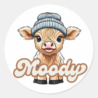 Moody Highland Cow Classic Round Sticker
