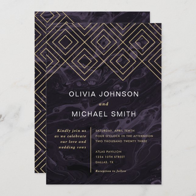 Moody Hues Amethyst Purple Marble Wedding Invitation (Front/Back)