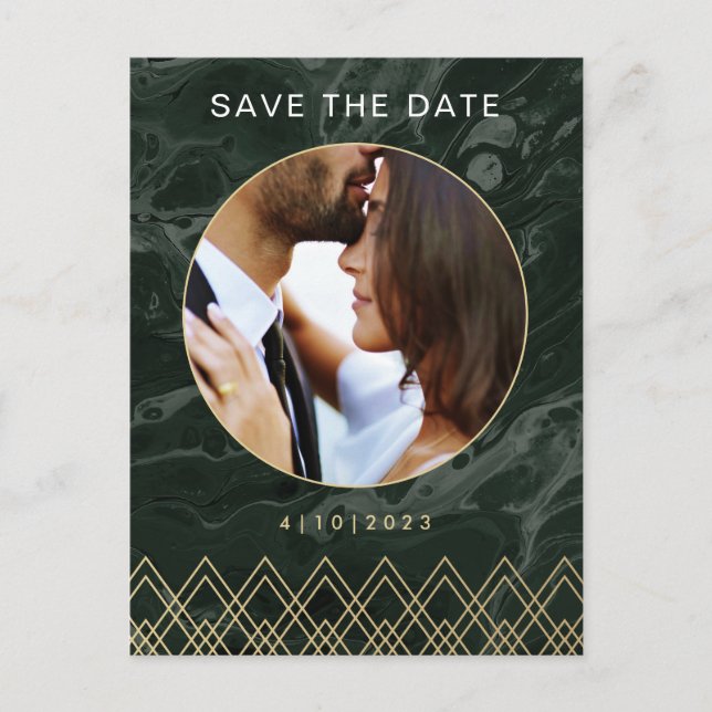 Moody Hues Emerald Green Marble Save the Date Postcard (Front)