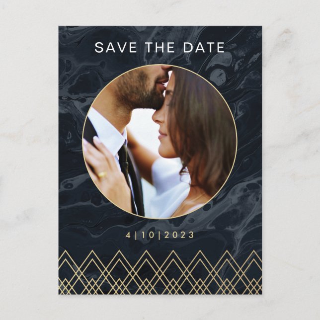 Moody Hues Midnight Blue  Marble Save the Date Postcard (Front)