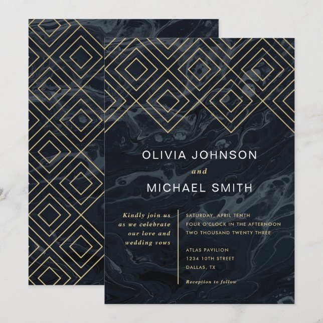 Moody Hues Midnight Blue Marble Wedding Invitation (Front/Back)