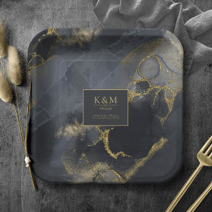 Moody Ink Charcoal Gold Abstract Blk ID988 Paper Plate