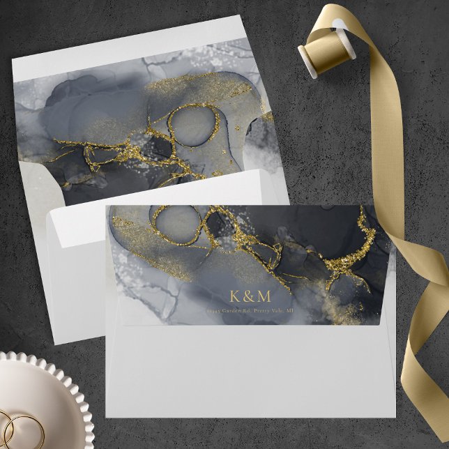 Moody Ink Charcoal Gold Abstract Grey ID988 Envelope (Interior/Back In Situ)