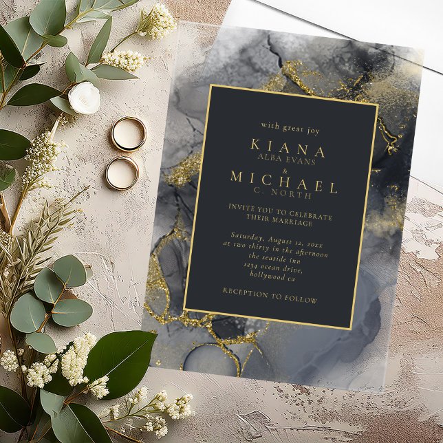 Moody Ink Charcoal Gold Abstract ID988 Acrylic Invitations (Creator Uploaded)