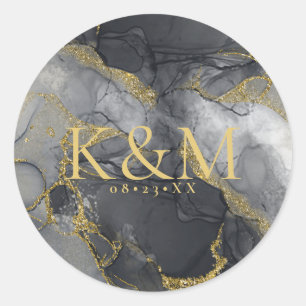 Moody Ink Charcoal Gold Abstract ID988 Classic Round Sticker