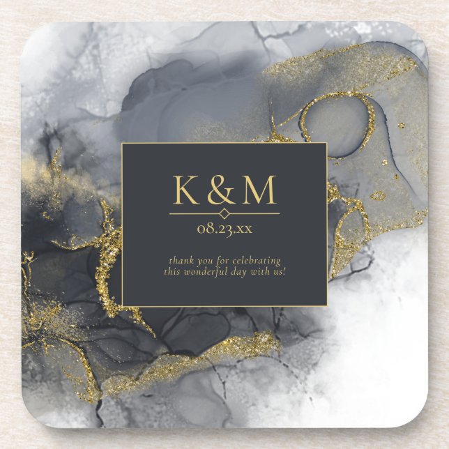 Moody Ink Charcoal Gold Abstract ID988 Coaster (Front)