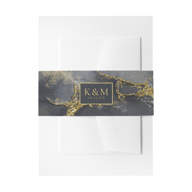 Moody Ink Charcoal Gold Abstract ID988 Invitation Belly Band (Front Example)