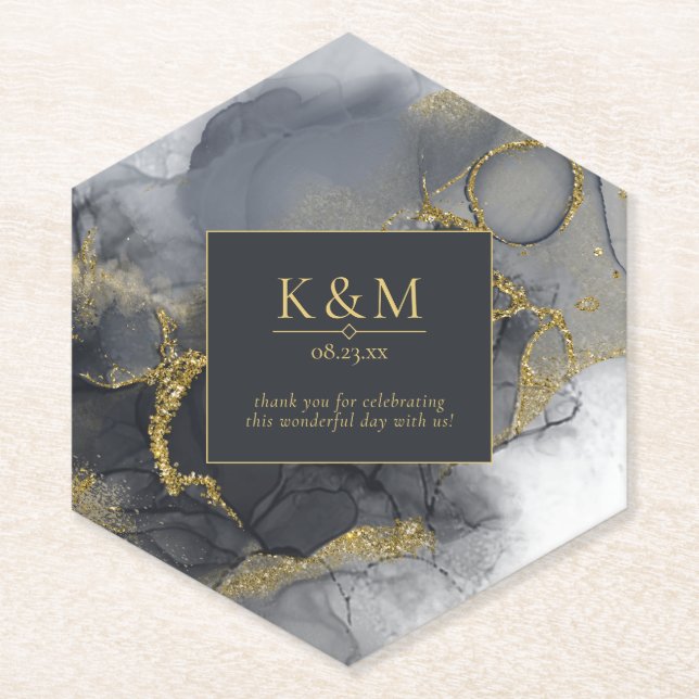 Moody Ink Charcoal Gold Abstract ID988 Paper Coaster (Front)