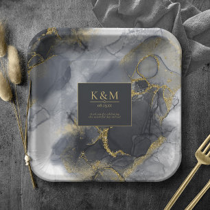 Moody Ink Charcoal Gold Abstract ID988 Paper Plate