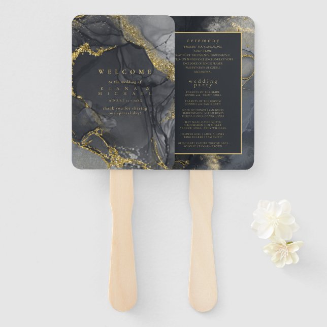 Moody Ink Charcoal Gold Abstract Program ID988 Hand Fan (Front and Back)