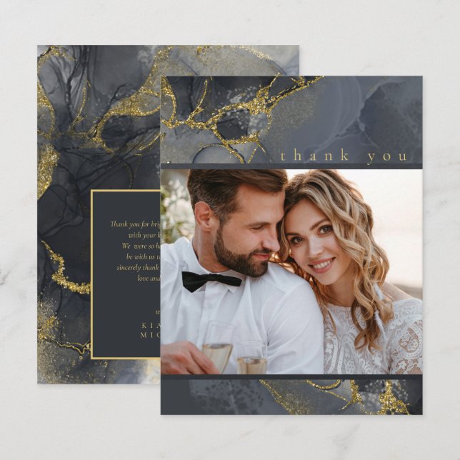Moody Ink Charcoal Gold Abstract Thank You ID988 Card (Front/Back)