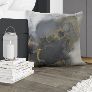 Moody Ink Charcoal Gold Abstract Wht ID988 Cushion