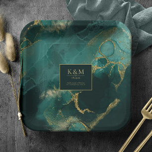 Moody Ink Emerald Gold Abstract Dk ID988 Paper Plate