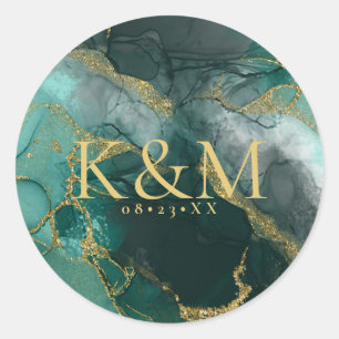 Moody Ink Emerald Gold Abstract ID988 Classic Round Sticker
