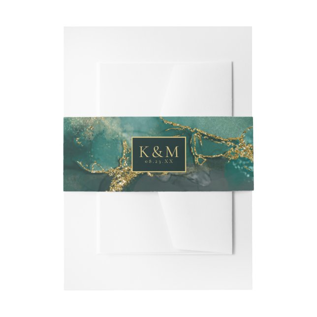 Moody Ink Emerald Gold Abstract ID988 Invitation Belly Band (Front Example)