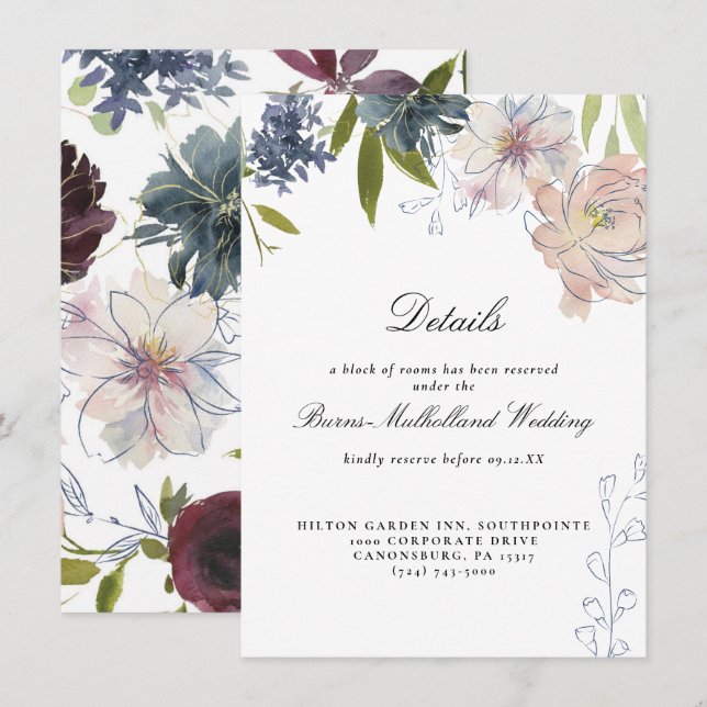 Moody Jewel Tone Floral Wedding Guest Information Invitation (Front/Back)