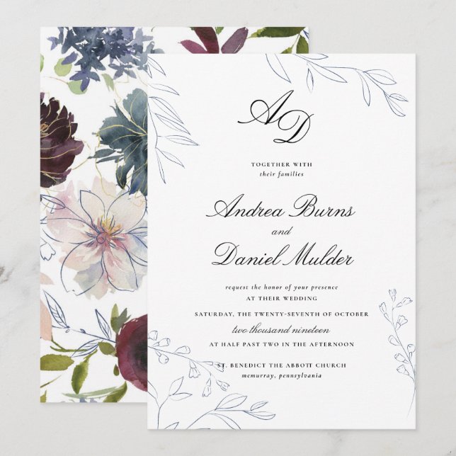 Moody Jewel Tone Floral Wedding Invitation (Front/Back)