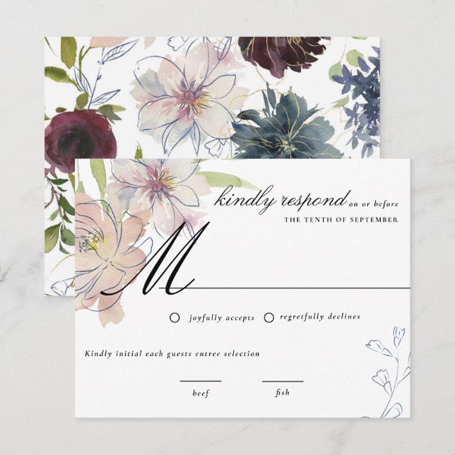Moody Jewel Tone Floral Wedding RSVP Invitation (Front/Back)