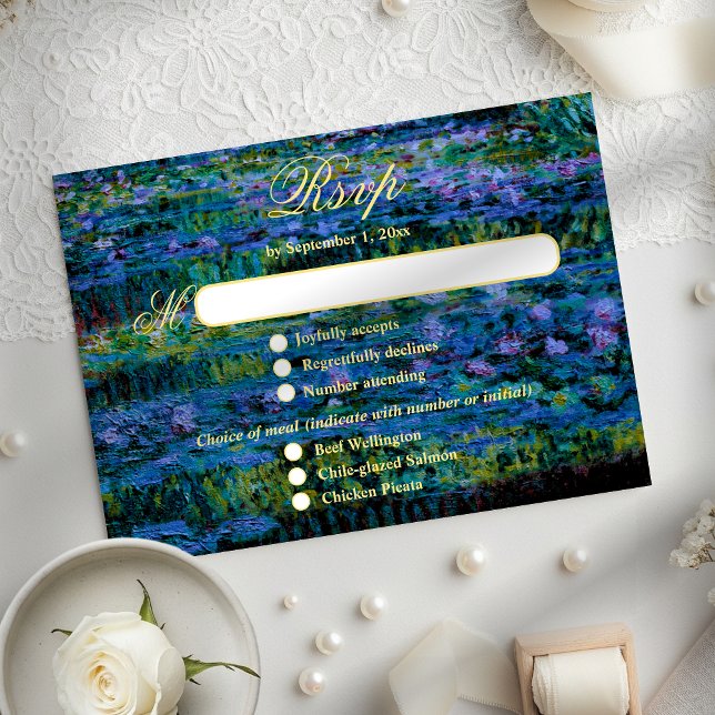 Moody Jewel Tone Monet Lily Pond Art Wedding Meal RSVP Card (Creator Uploaded)