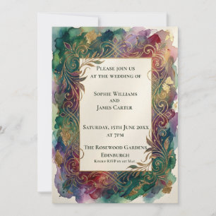 Moody Jewel Watercolour Floral Wedding Invitation
