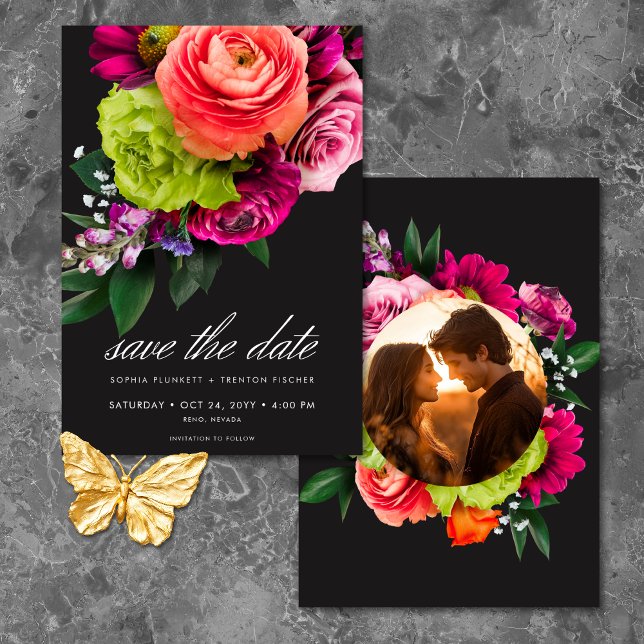 Moody Luxe Floral Vibrant Pink Black Photo Wedding Save The Date (Moody Luxe Floral Vibrant Pink Black Photo Wedding Save The Date)