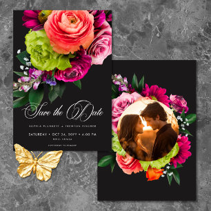 Moody Luxe Floral Vibrant Pink Black Photo Wedding Save The Date