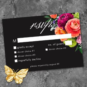 Moody Luxe Floral Vibrant Pink Black Wedding RSVP Card