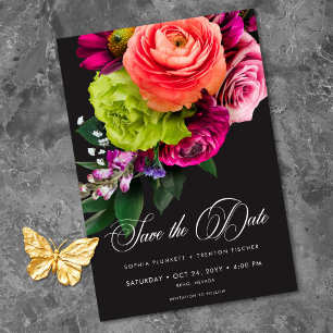Moody Luxe Floral Vibrant Pink Black Wedding Save The Date