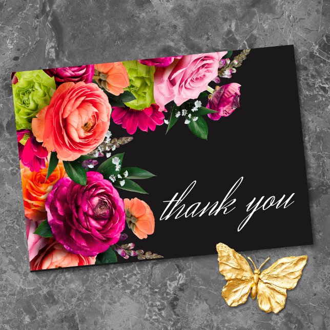 Moody Luxe Floral Vibrant Pink Black Wedding  Thank You Card (Moody Luxe Floral Vibrant Pink Black Wedding Thank You Card)
