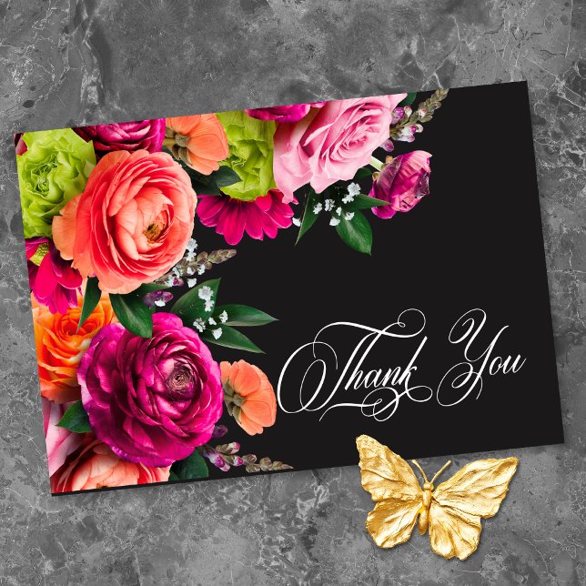 Moody Luxe Floral Vibrant Pink Black Wedding  Thank You Card (Moody Luxe Floral Vibrant Pink Black Wedding Thank You Card)