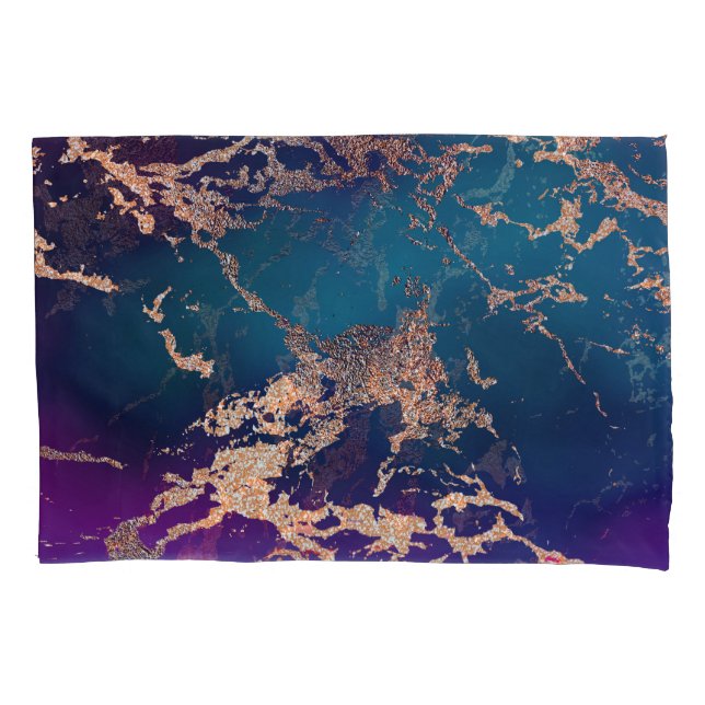 Moody Luxe Marble | Deep Purple and Teal Rose Gold Pillowcase (Front)
