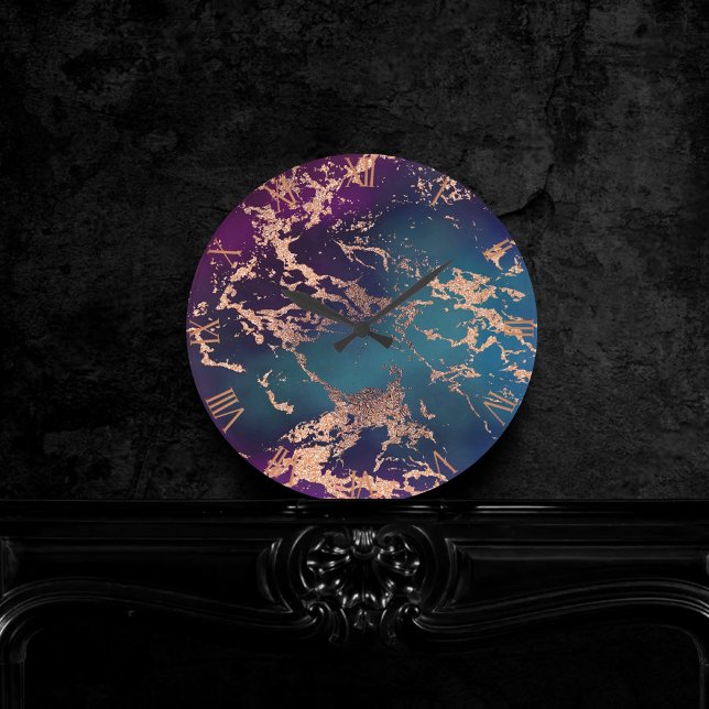 Moody Luxe Marble | Deep Purple and Teal Rose Gold Round Clock (Creator Uploaded)