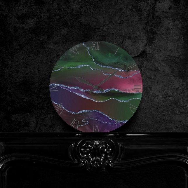 Moody Luxe Marble | Deep Purple and Teal Rose Gold Round Clock (Creator Uploaded)
