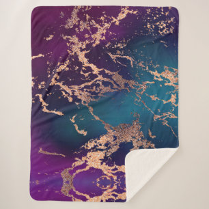 Moody Luxe Marble   Deep Purple and Teal Rose Gold Sherpa Blanket