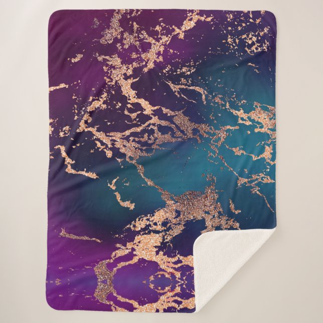 Moody Luxe Marble | Deep Purple and Teal Rose Gold Sherpa Blanket (Front)