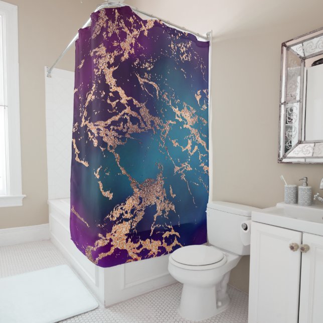 Moody Luxe Marble | Deep Purple and Teal Rose Gold Shower Curtain (In Situ)