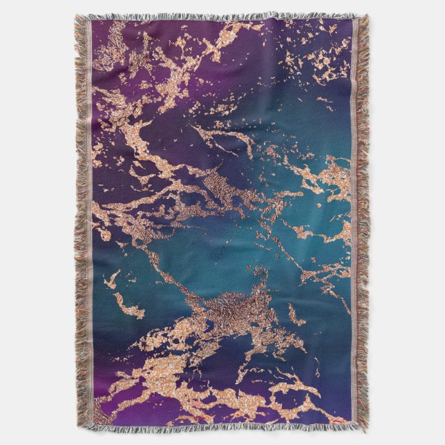 Moody Luxe Marble | Deep Purple and Teal Rose Gold Throw Blanket (Front Vertical)