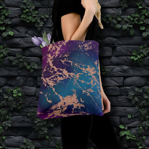 Moody Luxe Marble Deep Purple and Teal Rose Gold Tote Bag