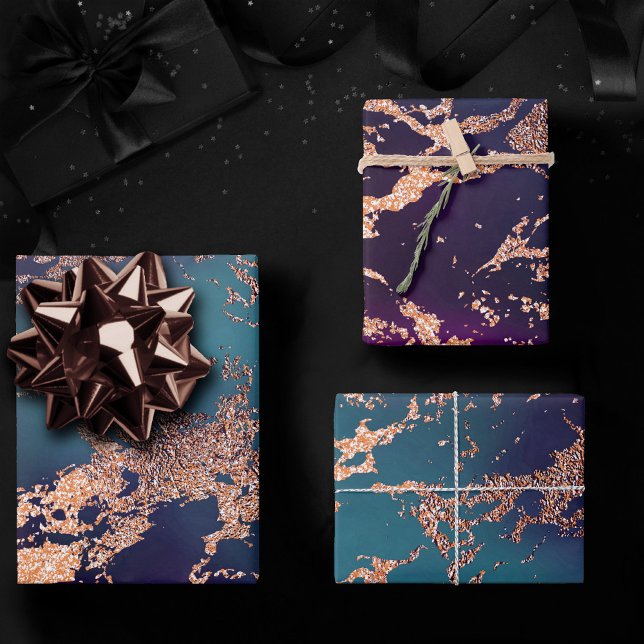 Moody Luxe Marble | Deep Purple and Teal Rose Gold Wrapping Paper Sheet (Creator Uploaded)