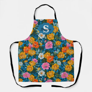 Moody Magenta Yellow Floral Dark Teal Apron