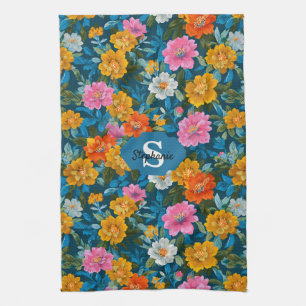 Moody Magenta Yellow Floral Dark Teal Tea Towel