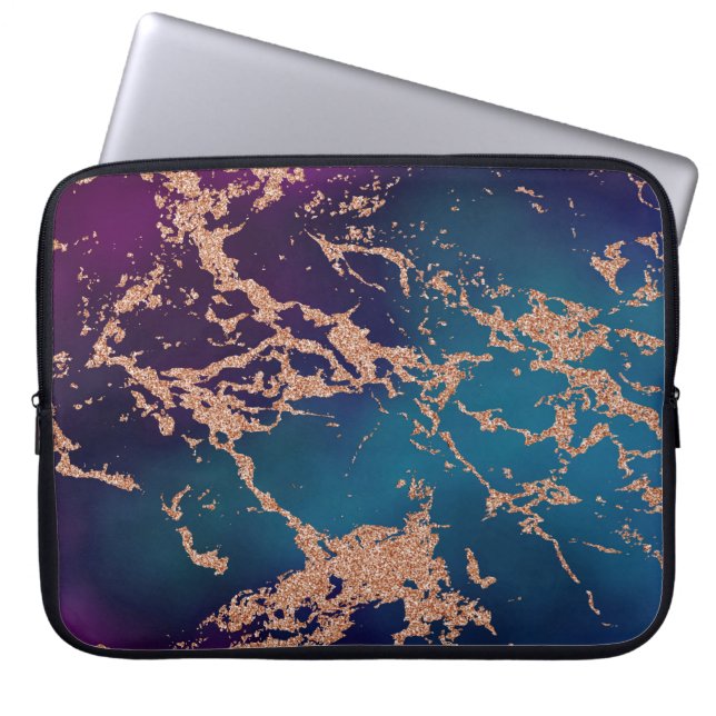Moody Marble | Deep Luxe Purple Teal Rose Gold Laptop Sleeve (Front)