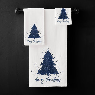 Moody Merry Christmas   Classy Dark Navy Blue Tree Bath Towel Set