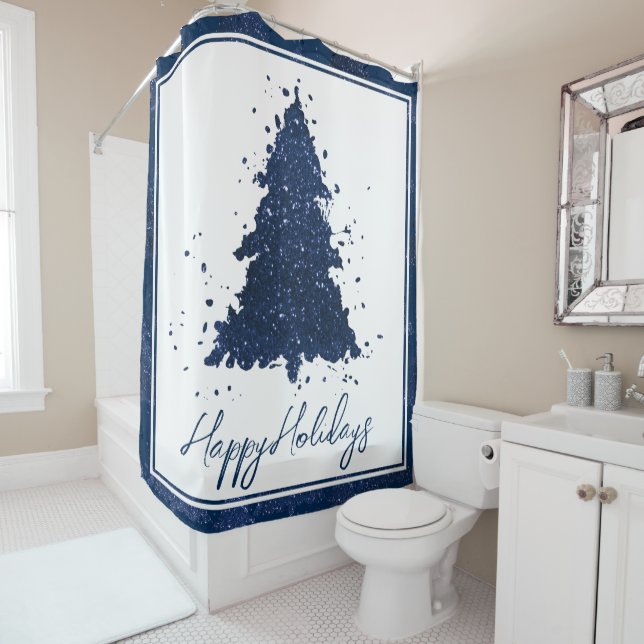 Moody Merry Christmas | Classy Dark Navy Blue Tree Shower Curtain (In Situ)