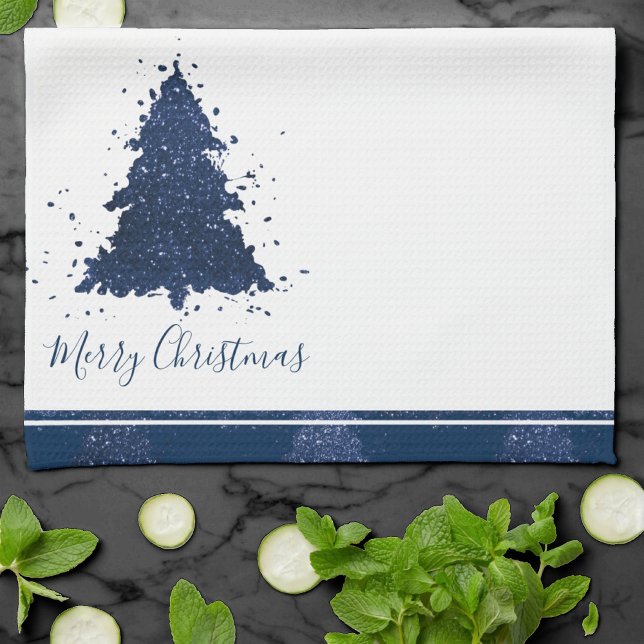 Moody Merry Christmas | Classy Dark Navy Blue Tree Tea Towel (Creator Uploaded)
