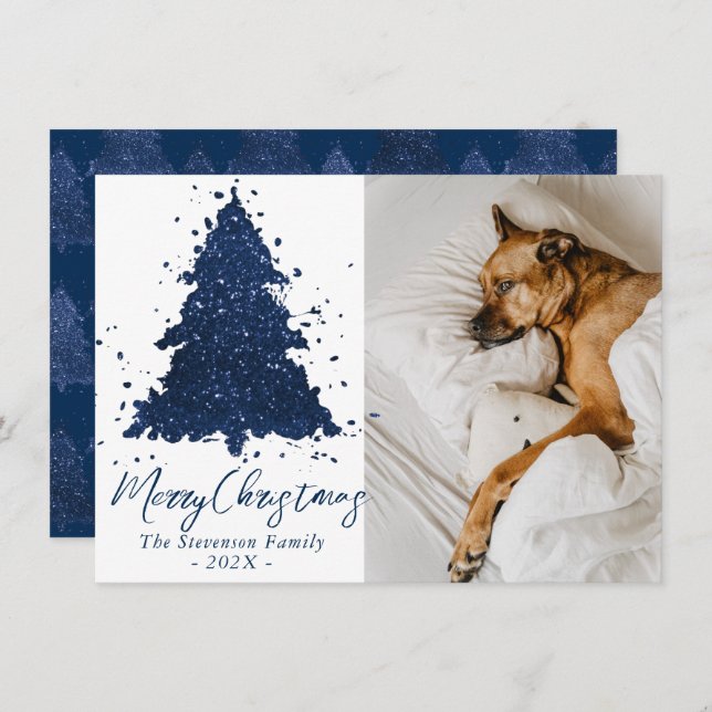 Moody Merry Christmas | Classy Navy Blue Photo Holiday Card (Front/Back)