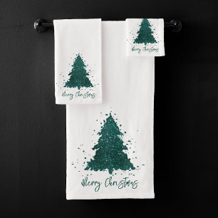 Moody Merry Christmas Dark Midnight Teal Tree Bath Towel Set
