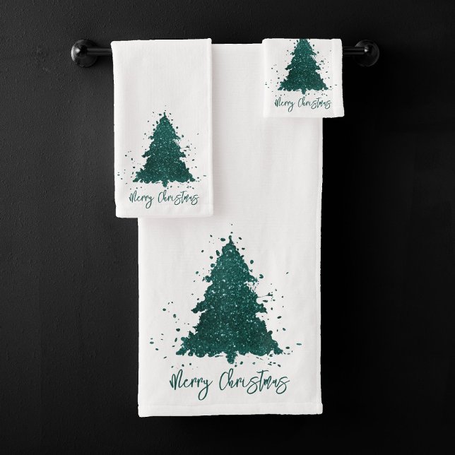 Moody Merry Christmas | Dark Midnight Teal Tree Bath Towel Set (Creator Uploaded)